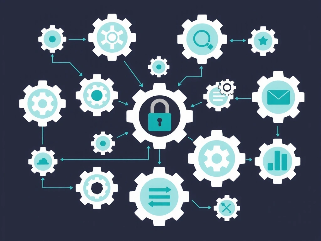 Ilustración de engranajes y procesos de datos, simbolizando el uso y gestión de la información de manera eficiente y segura.