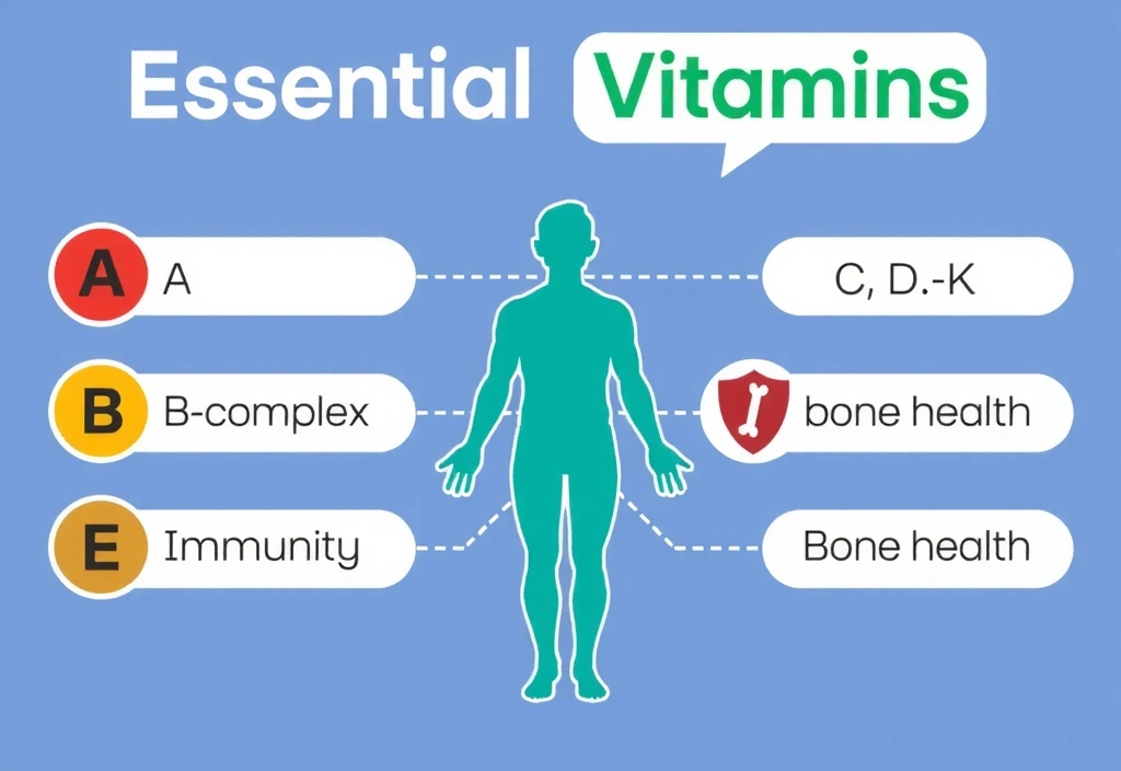 Infografía visualmente atractiva que desglosa las vitaminas esenciales (A, B, C, D, E, K) y sus principales funciones en el cuerpo humano, utilizando iconos representativos para cada beneficio, como un ojo para la visión, un rayo para la energía, un escudo para la inmunidad y un hueso para la salud ósea. Sin texto superpuesto en la imagen.